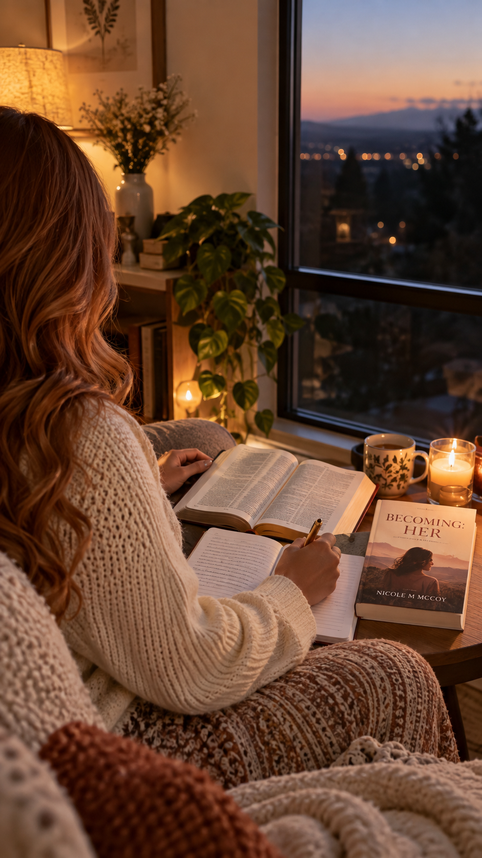 Faith-filled woman with strawberry-blonde hair reading her Bible outside in a peaceful chair